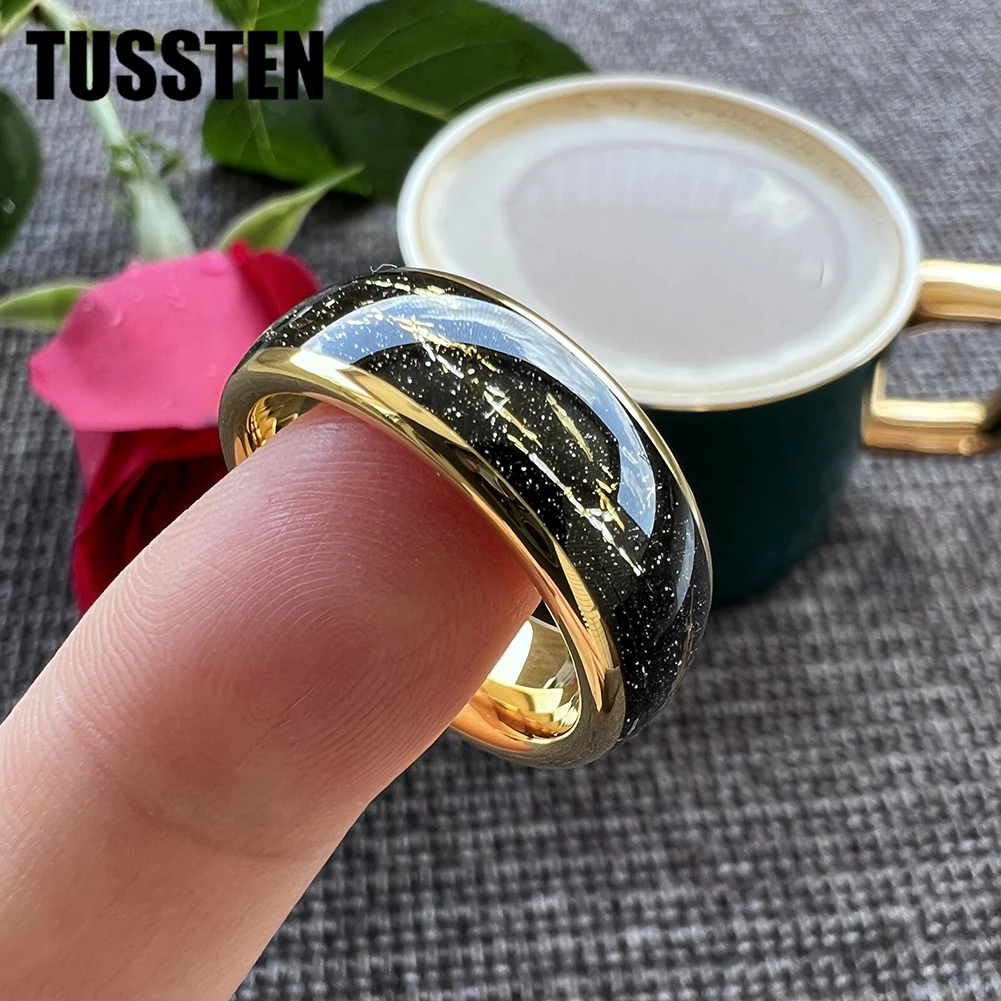 TUSSTEN 8mm Tungsten Carbide Steel Ring Black Inlaid Gold Color Foil Wedding Ring for Men and Women Jewelry Wholesale