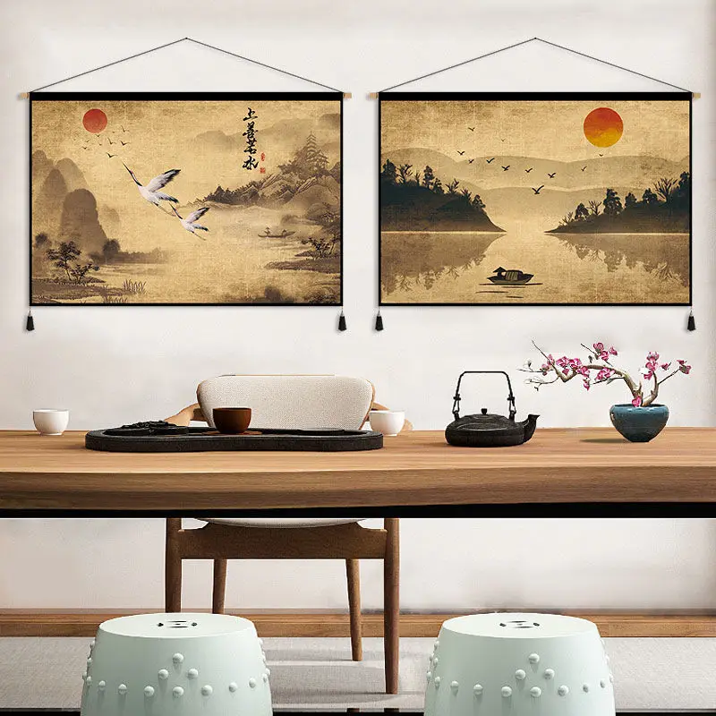 선 레트로 중국어 패브릭 아트 매달려 그림 거실 차 방 배경 패브릭 벽 장식 그림 침실 연구 태피스트리