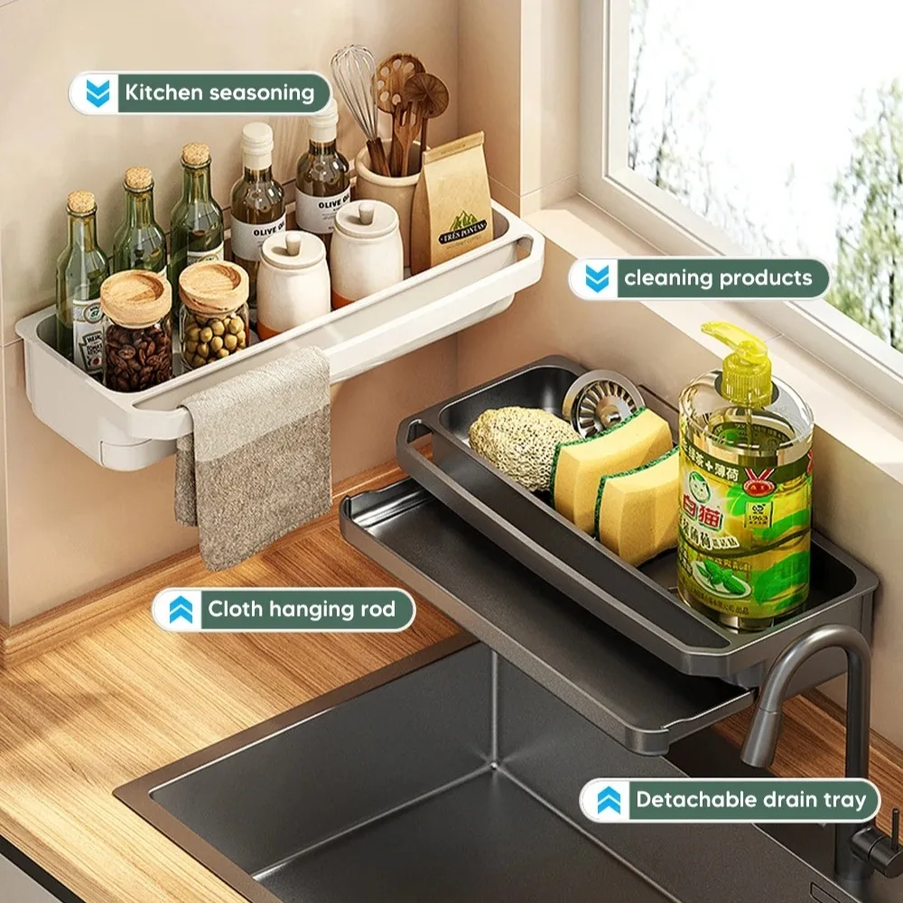 Sink Drain Rack With Hanging Rod Rust-Proof Sponge Holder Faucet Storage Soap Drainer Towel Racks Organizer Kitchen Accessories 2