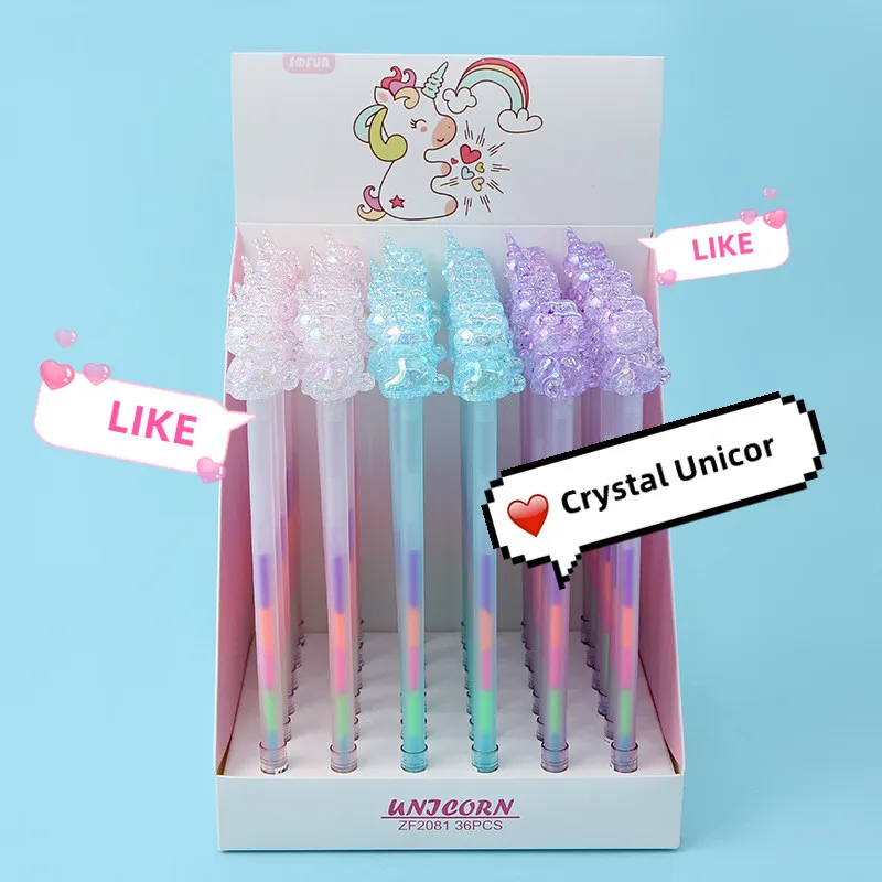 

36Pcs/Box Cute Crystal Unicorn Gel Pen 0.5mm 6 Color ink Glitter Pen Highlighter Art Marker School Office Kawaii Stationery Gift