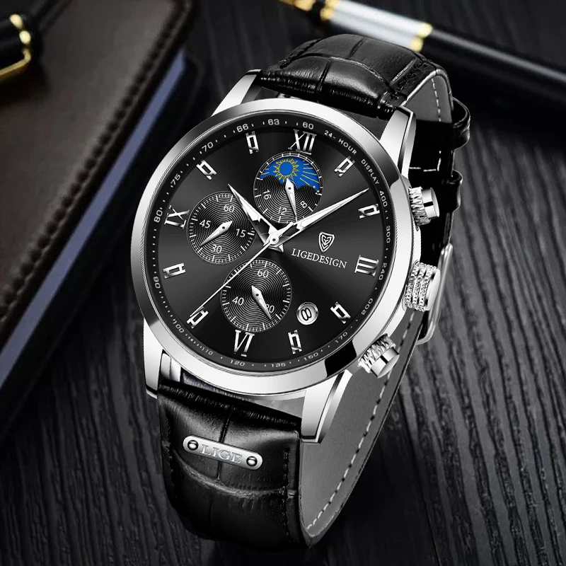 LIGE  Men's Watches Business Fashion Watch Man Top Brand Luxury Leather Wristwatch Quartz Chronograph Waterproof Auto Date Clock
