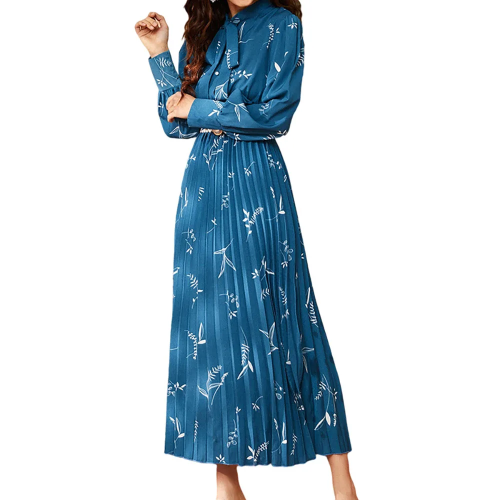 Long Sleeve Printed Bow Round Neck Chiffon Dress For Women Spring New Ruffled Ribbed High Waist Robe Elegant Muslim Party Dress