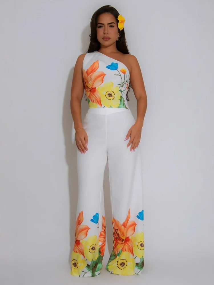 Wmstar Two Piece Sets Women Wholesale Elegant Stretch Wide Leg Off Shoulder Floral Print Pants Sets Matching Suit Dropshopping