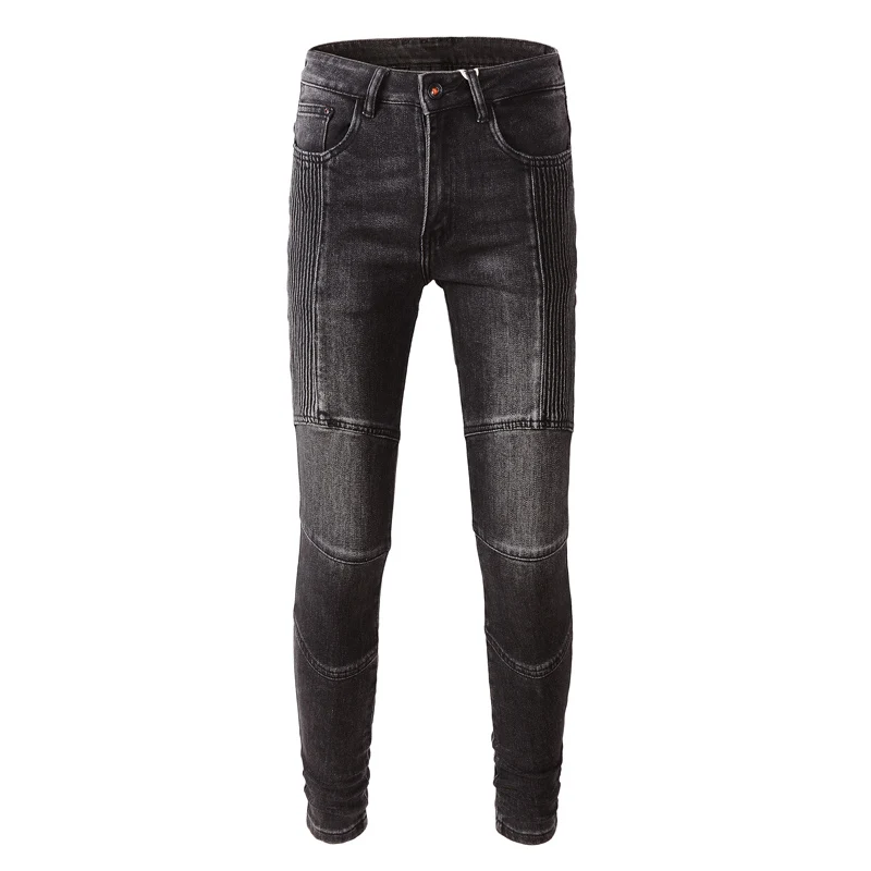 Street Fashion Men Jeans Retro Black Gray Elastic Slim Fit Spliced Biker Jeans Men Wrinkle Patched Designer Hip Hip Pants Hombre