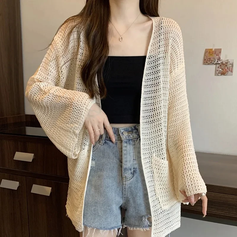 

Lazy Wind Hollow Sunscreen Knitted Cardigan Women Summer Thin Section Loose Blouse Chic Jacket Thin Tops Soft Gentle