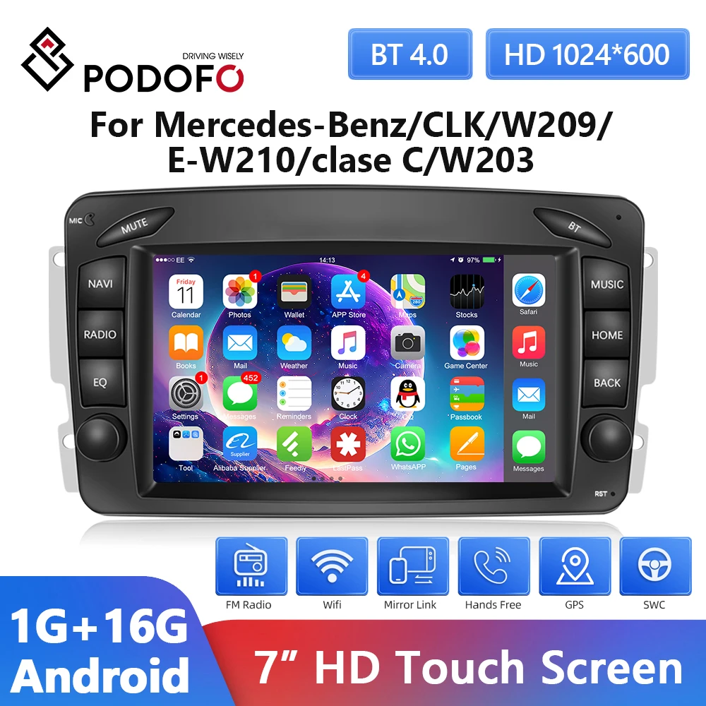 

Podofo 7'' Android Car Radio For Mercedes-Benz/CLK/W209/E-W210/clase C/W203 2Din Multimedia Video Player WIFI GPS Navigation EQ