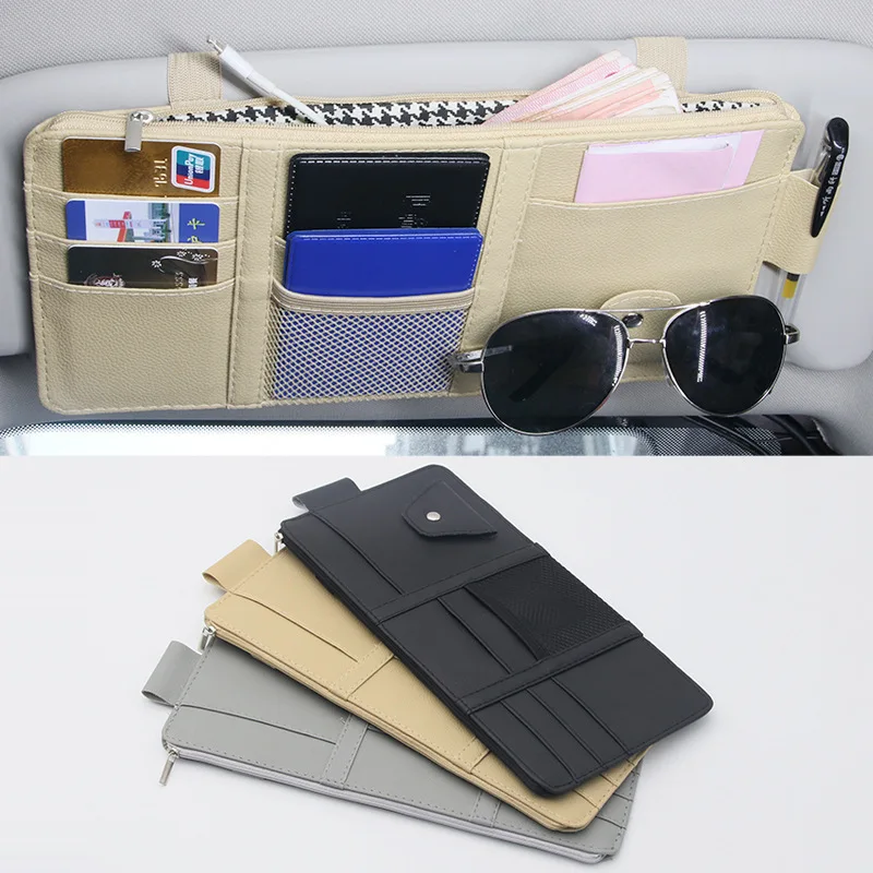 

Multifunctional Business Leather Car Storage Bag Sunshade Cover Card Holder Drivers License Document Storage Sunglasses Clip