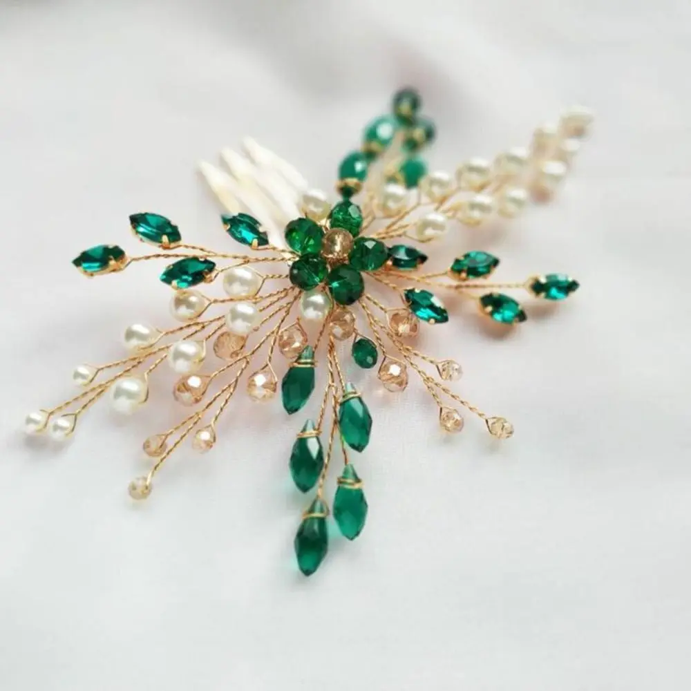 Braut Haarnadeln Diademe Strass grünes Haar Kämme für Frauen Mode Perlen Goldblatt Seiten nadeln Braut Hochzeit Heapdiece Schmuck – Detail 9
