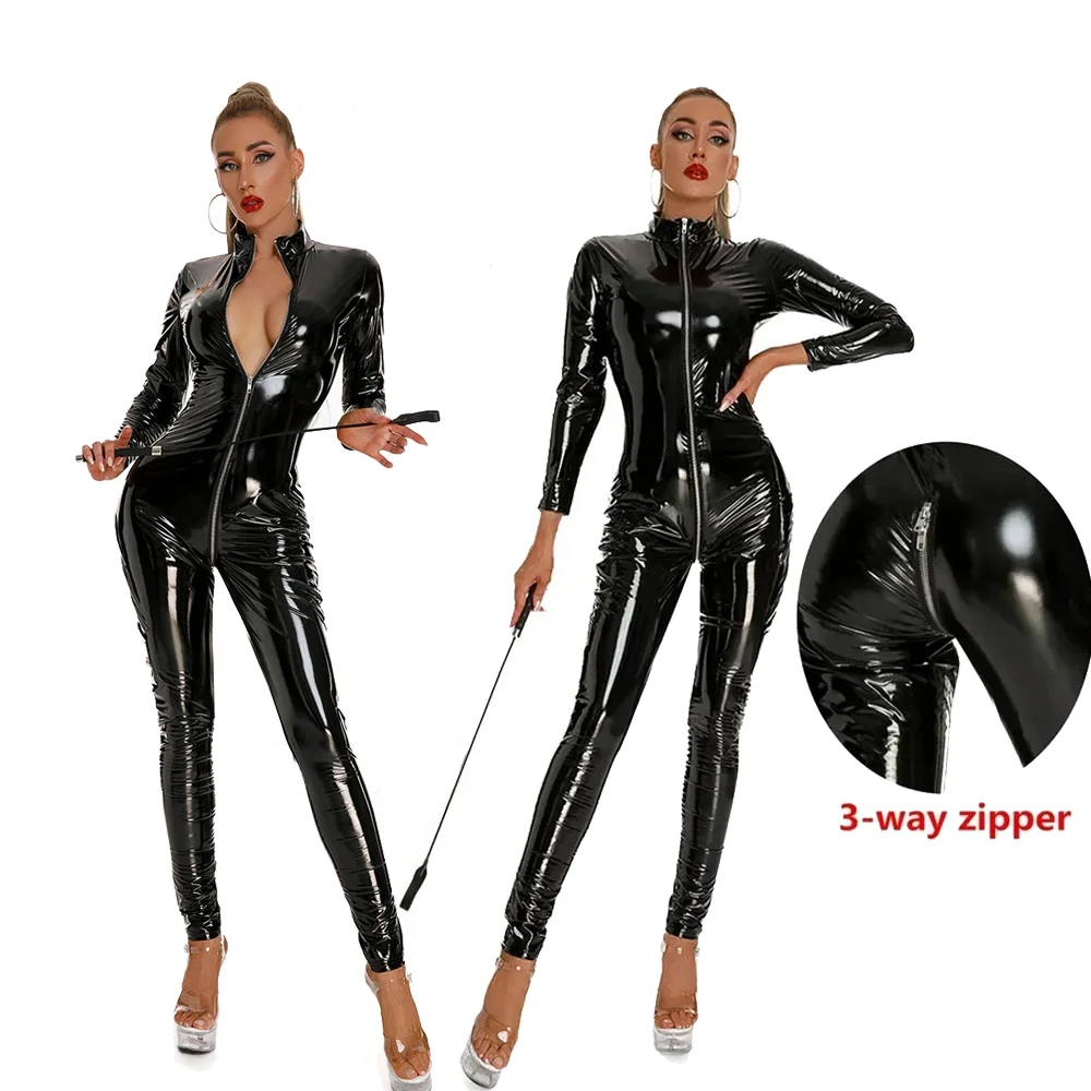 

Erotic Below Crotchless Catsuit Ladies Shiny Zipper Sexy Open Crotch Leather Bodysuit Wetlook Stretch Jumpsuits Party Clubwear
