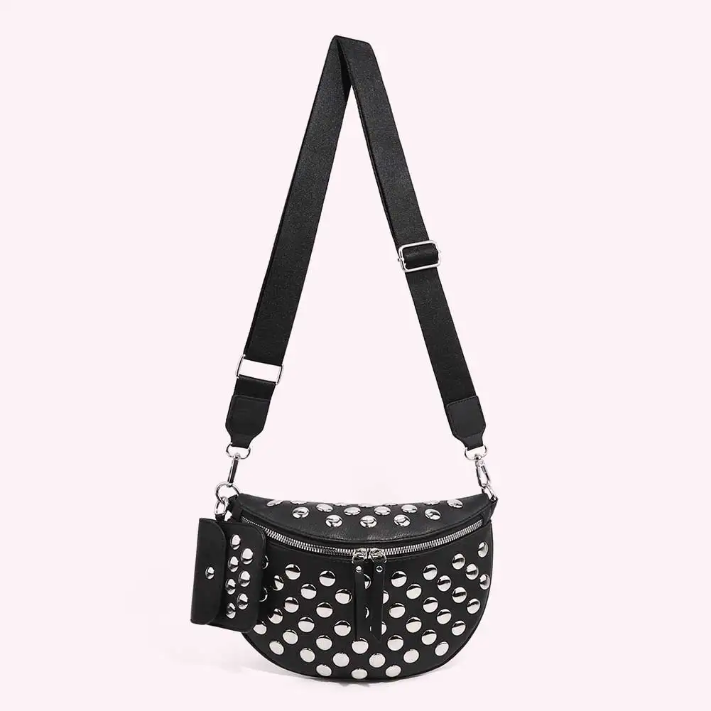PU Leather Trendy Shoulder Bag Solid Color Metal Stud Waist Bag Large Capacity Stylish Straw Chest Bag Seaside Trip Beach Bag