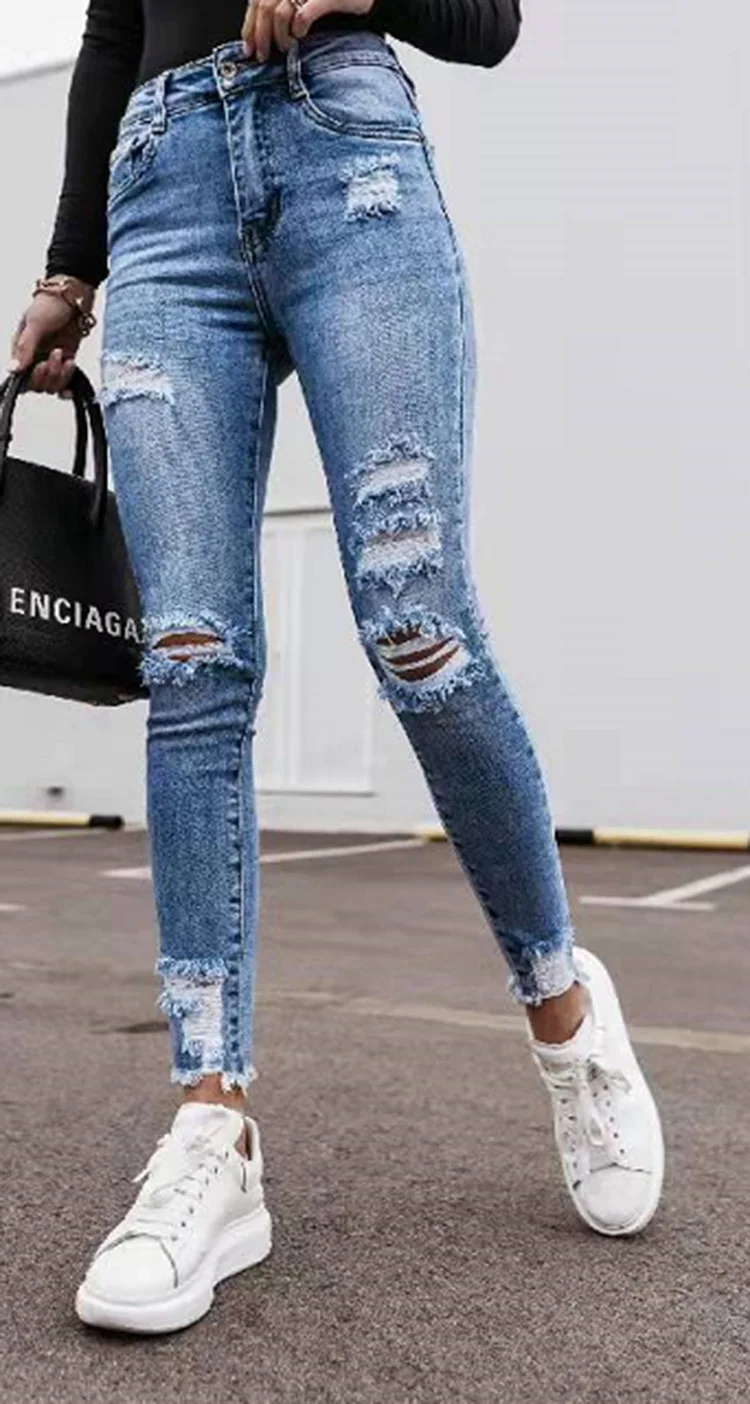 capri leggings High Quality Women spring summer Slim  Denim Trousers With Ripped Holes For Woman Cowboy Pencil Pants Streetwear Fashion jeans nike capri