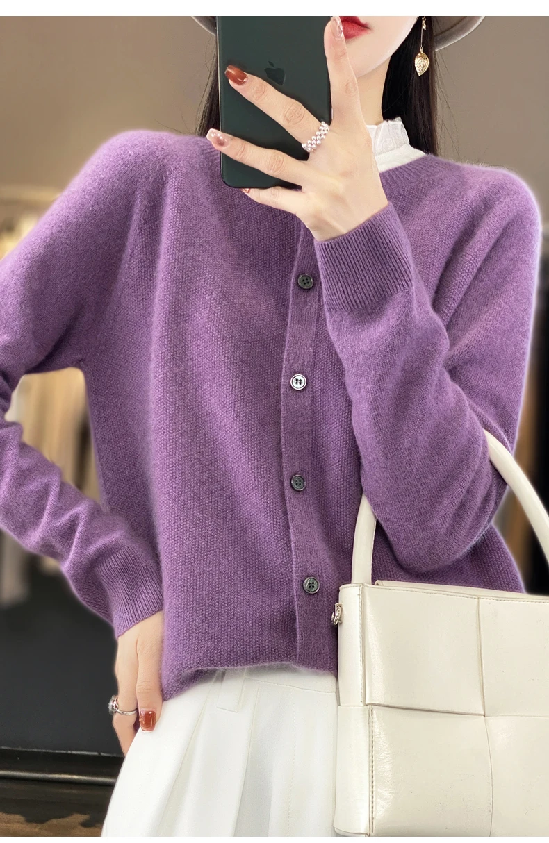 Women 100% Merino Wool Sweater Autumn Winter O-Neck First Line Seamless Cardigan Long Sleeve Clothing Cashmere Knitwear Tops