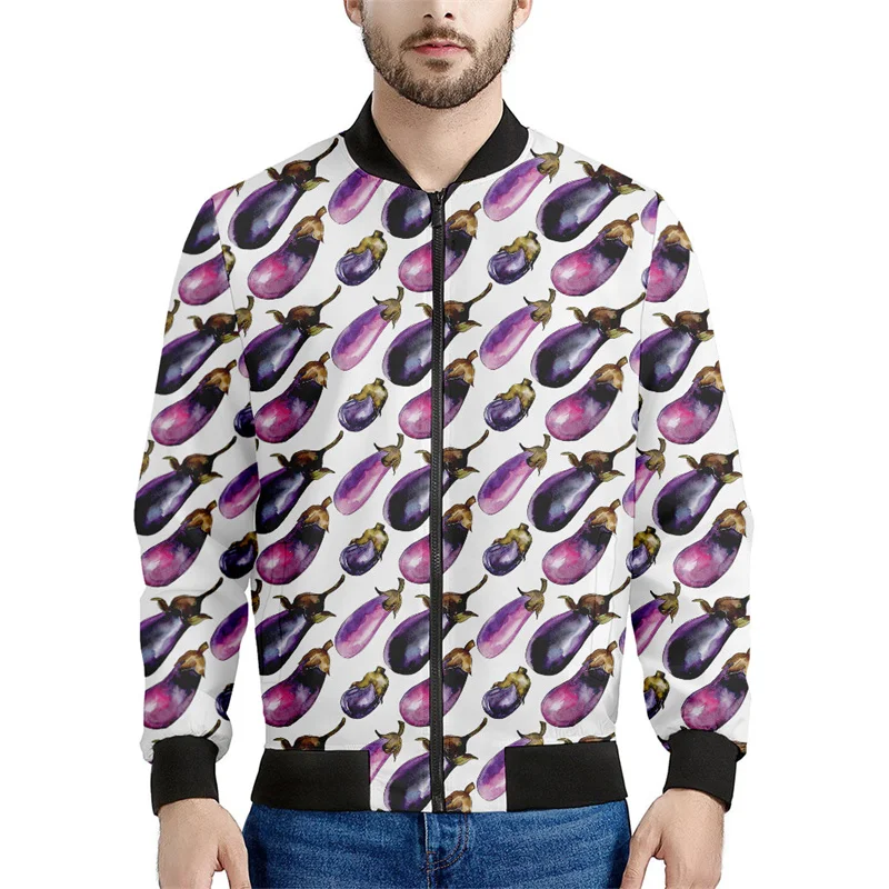 thumbnail image 1 of Chaquetas con cremallera y estampado de berenjena a la moda para hombre, abrigo vegetal con estampado 3D, chaqueta informal de calle con cremallera para mujer, sudadera de manga larga, 1 of 4