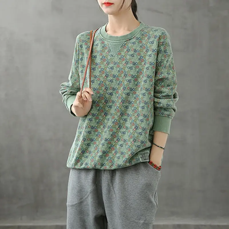 Fashion Printed O-Neck Spliced Floral Blouse Women's Clothing 2022 Autumn New Oversized Casual Pullovers All-match Commute Shirt