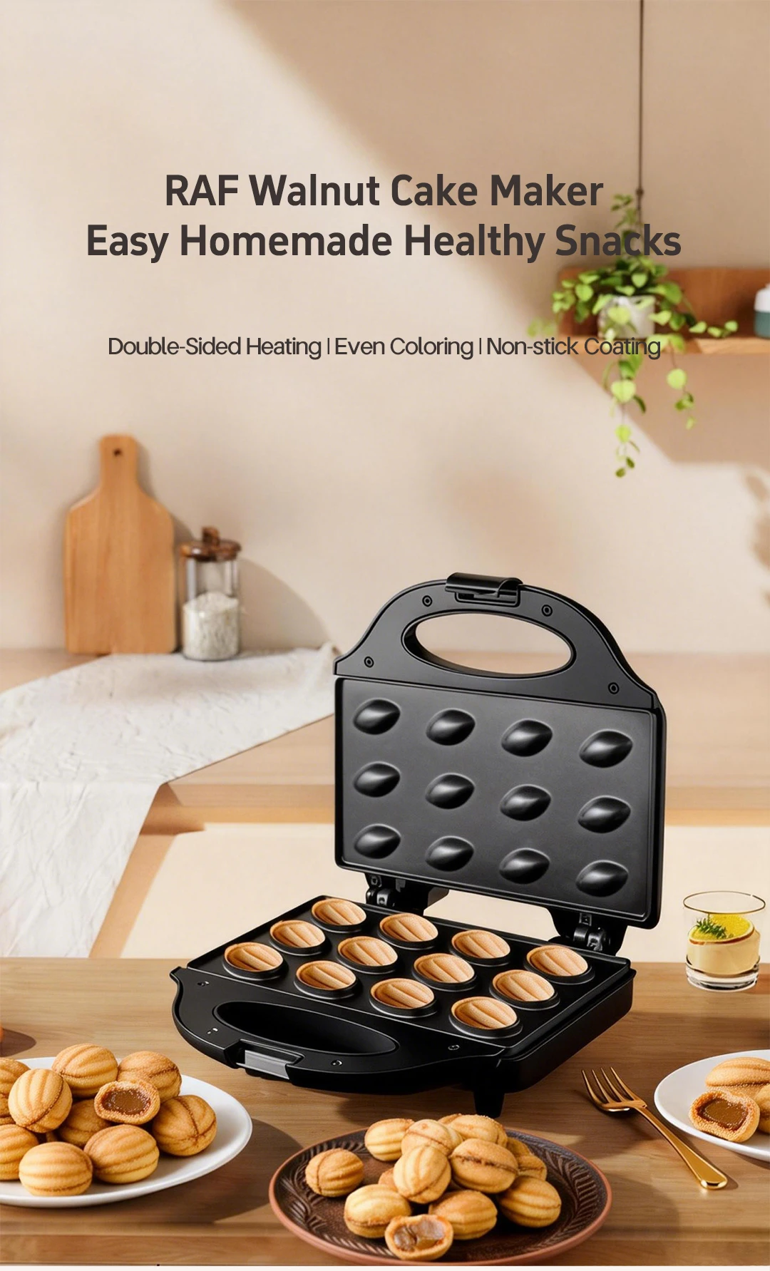 Açık 12 gözlü ceviz kalıbı olan elektrikli waffle makinesi