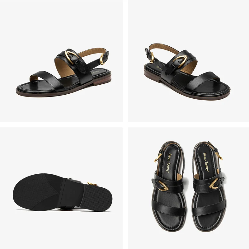 Women Slingback Sandals Flat Sandals Genuine Leather Metal Buckle Slingback Summer Shoes