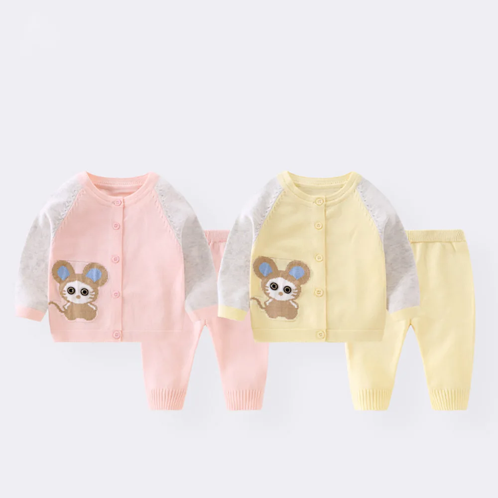 

Baby Girls Boys Sweaters Spring Autumn O-Neck Single-Breasted Kids Knitted Cardigan Coat+Pants 2Pcs Cartoon Children Clothes Set