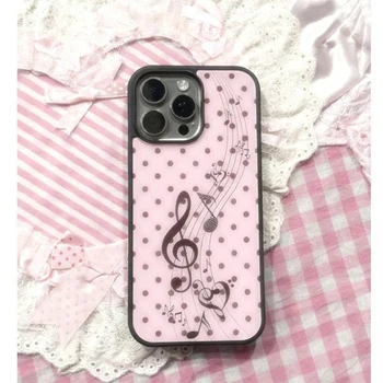 Korean ins Pink Brown Polka Dot Girl Heart Music Note Phone Case For iPhone 17 16 15 14 13 12 11 Pro XR Max 8 7 Plus Y2K Cover 1