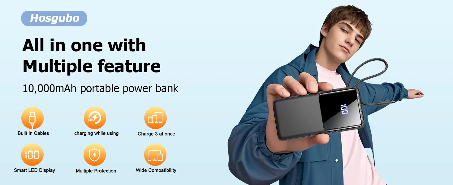 10000 mAh tragbare Ladegerät-Powerbank mit 15 W Schnellladung, USB-C-Eingang und Ausgang, integriertem Kabel, Reiseutensilien für iPhone, Android – Detail 1