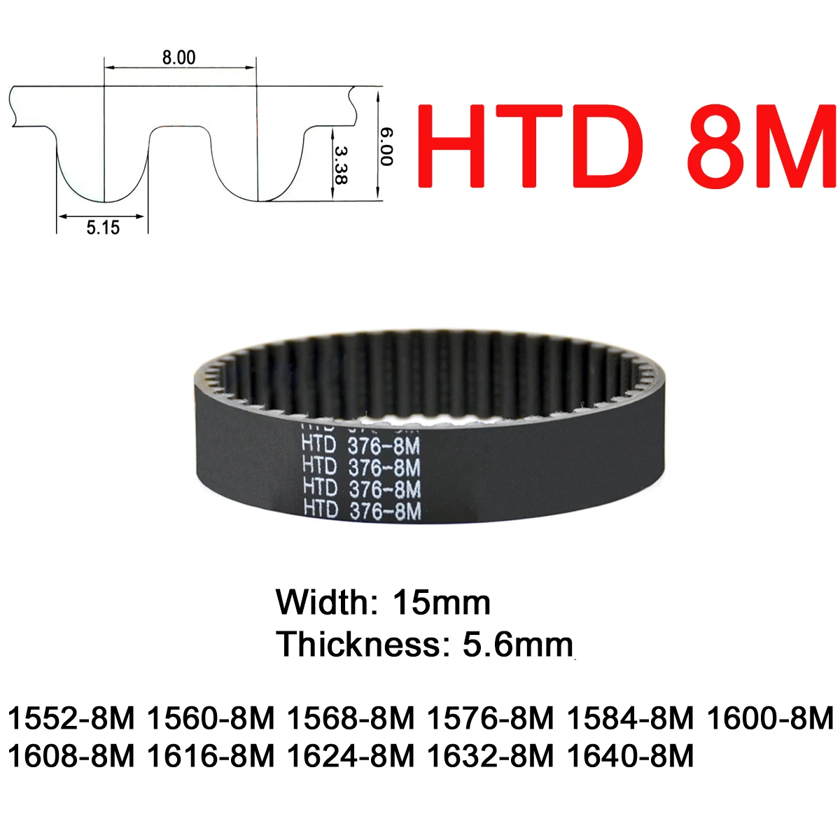 

1Pc Width 15mm 8M Rubber Arc Tooth Timing Belt Pitch Length 1552 1560 1568 1576 1584 1600 1608 1616 1624 1632 1640mm Drive Belt
