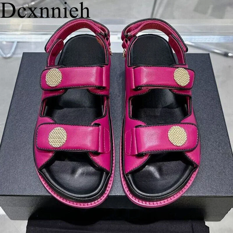 

Summer genuine Leather Open toe Metal Decorative Sandals Comfortable Non slip Flat Caligae Outdoor Leisure Vacation Beach Shoes