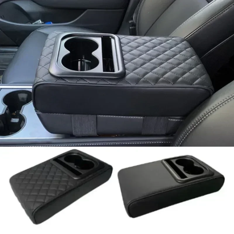 Car Armrest Console Extender with 2 Cup Holders Heightening Pad PU Leather Universal Auto Interior Storage Box Tissue Organizer