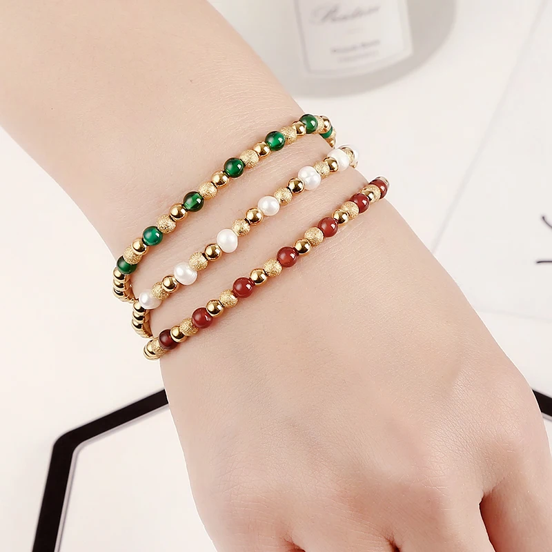 Metal Stainless Steel Nail Sand Ball 4mm Waterproof Jewelry Classic Women's Fresh Water Pearl Agate Stone Beads Elastic Bracelet