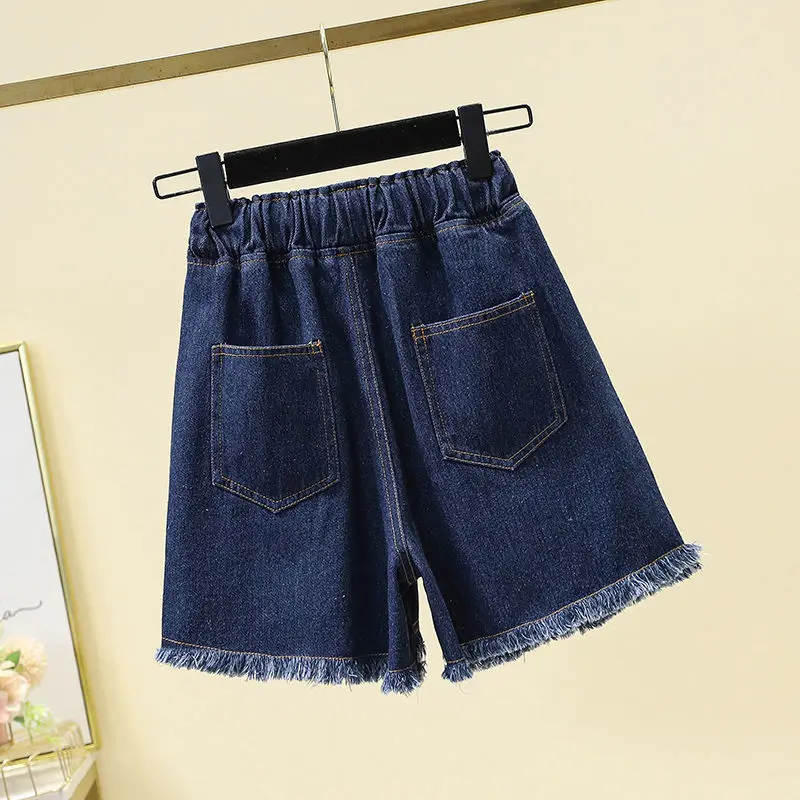 Women's Fashion All-match Spliced Denim Shorts Summer Korean Casual Solid Elastic Drawstring Wide Leg Shorts Female Clothing