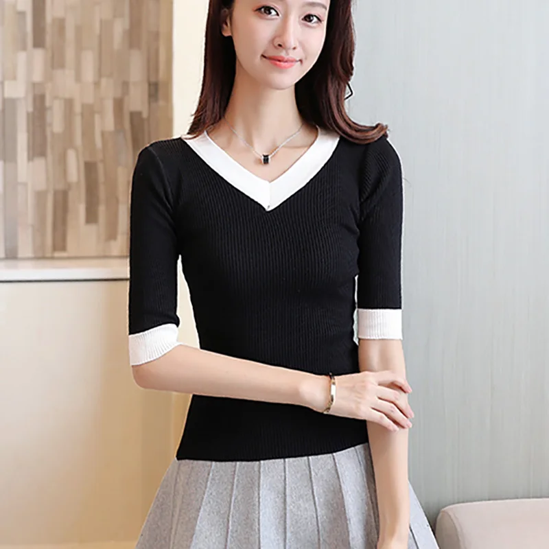 

Women's Spring Knitting Tops Patchwork Solid Ribbed Casual T Shirts Female V Neck Half Sleeve Skinny Thin T-Shirts Tees Femme