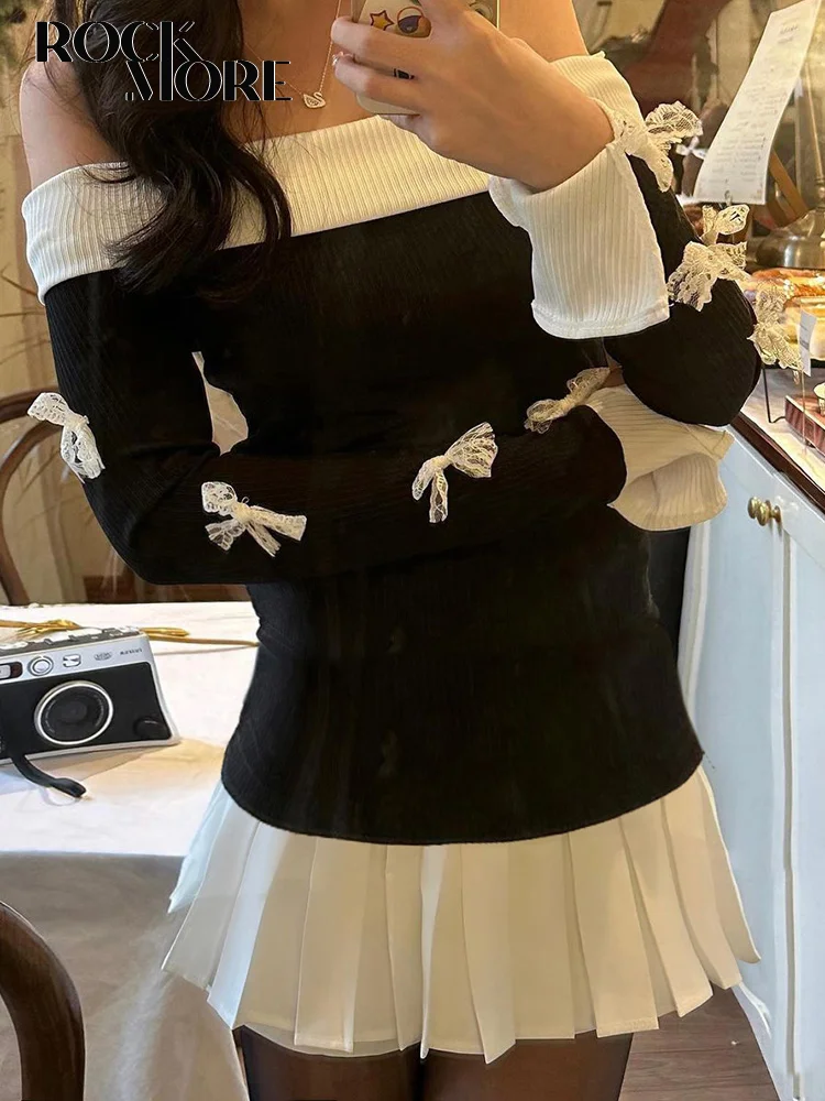 

Rockmore Lace Bow Contrast Stitching Knit Dresses Women Off Shoulder Long Sleeve Pleated Mini Dress Y2K Casual Harajuku Korean