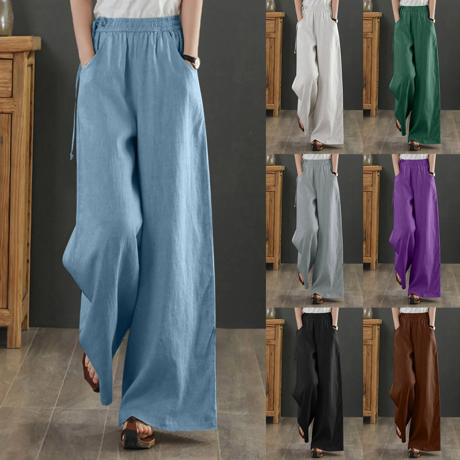 

Women's Retro Literary Cotton Linen Loose Wide Leg Pants Casual Loose Solid Color High Waisted Straight Trousers With Pockets