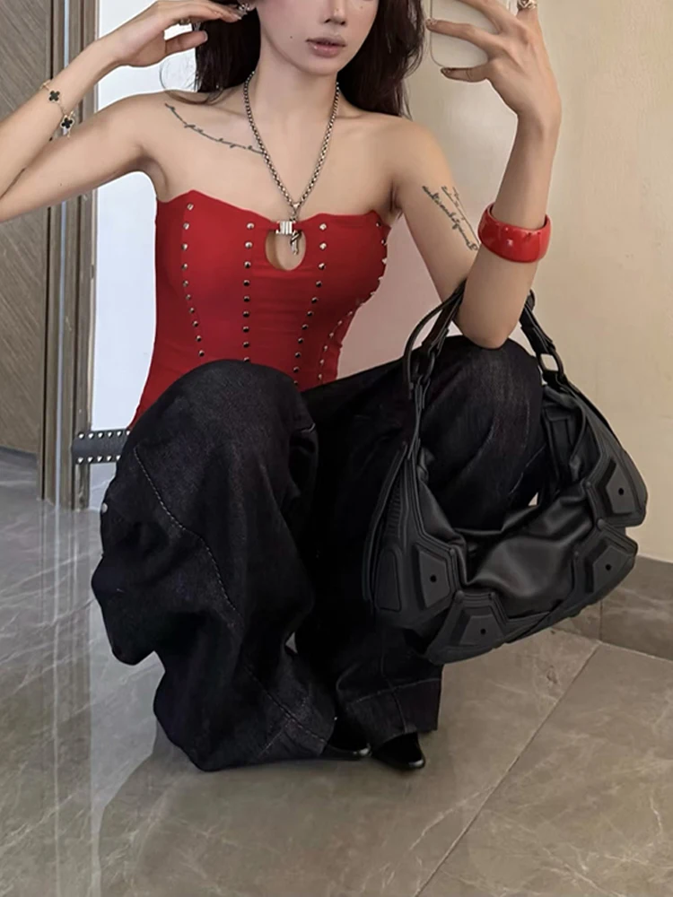 Nibber Party Coquette Tank Top Women Hollow Rivet Classic Trend Sleeveless Stretch Skinny Midnight Sexy Christmas Club Vests