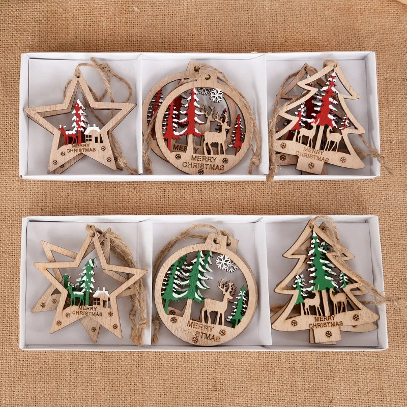 

6pcs Christmas Wooden Pendants Hollow Xmas Tree Star Shape Xmas Tree Hanging Ornaments Home Christmas Party Decorations New Year