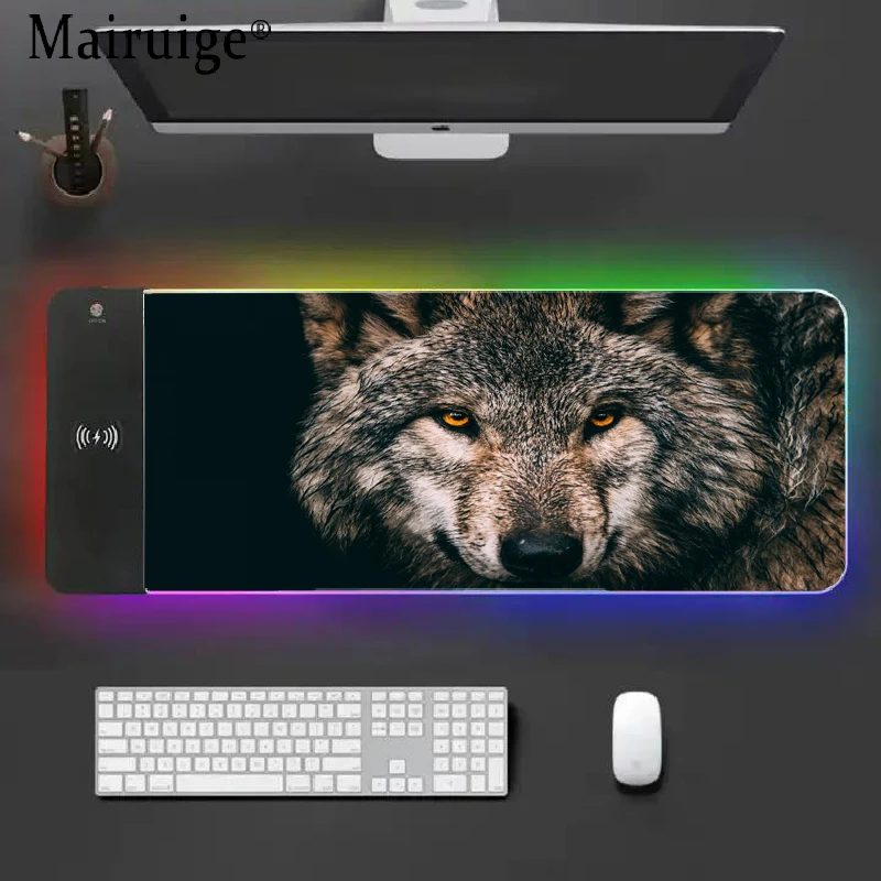 Airuige-carregamento sem Fio Lobo Cinza Grande Mouse Pad Gaming Mats Escritório Gamer Rug Deskmat Acessórios Mesa do Computador Gamer Setup - Imagem 6