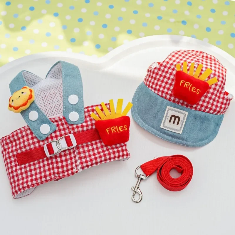 1/Set Fries Pet Harness Traction Rope Pet Wire Rope Pulling Cute Hat Three Piece Puppy Clothes Outgoing Pulling Harness Leash pet harness set pet harness leash set pet leash set