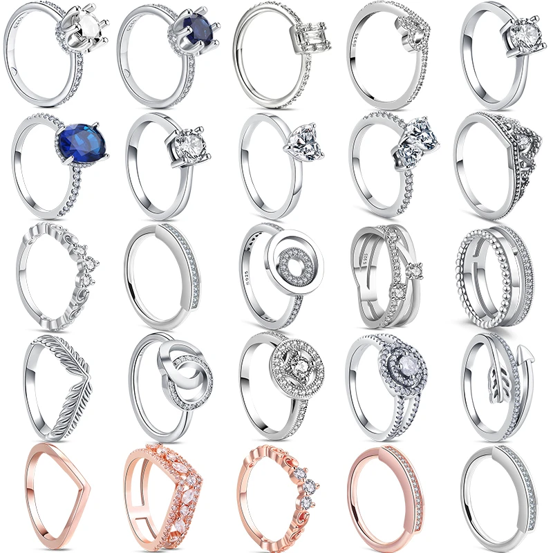 

2024 New 925 Sterling Silver Crown Rose Feather Sparkling Clear Zircon Pavé Ring For Women Fine Jewelry DIY Valentine's Day Gift