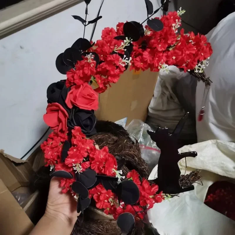 Christmas Wreath Door Hanging Wall Decoration Pendant Moon Shaped Cat Is Wearing A Christmas Hat Garland Dried Flower Party