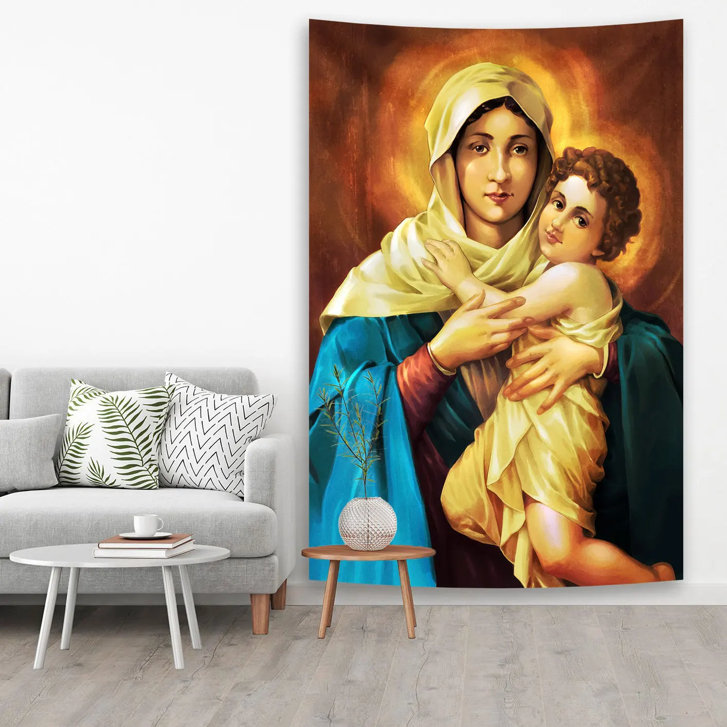 QdDeco Mother Of Christian Faith Jesus Hanging Tapestries Blessed Virgin Mary Printed Wall Cloth Home Decorations