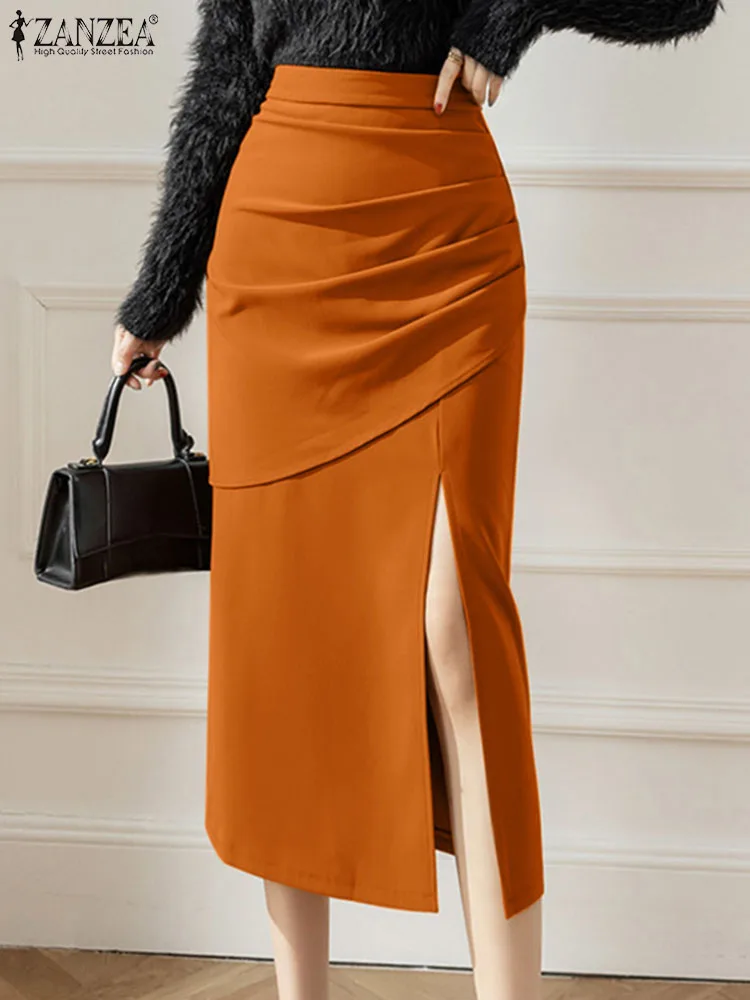 

ZANZEA Elegant OL Slim Faldas Women Pencil Skirt Midi Dress Fashion High Waist Side Slit Draped Skirts Sexy Soild Color Jupes