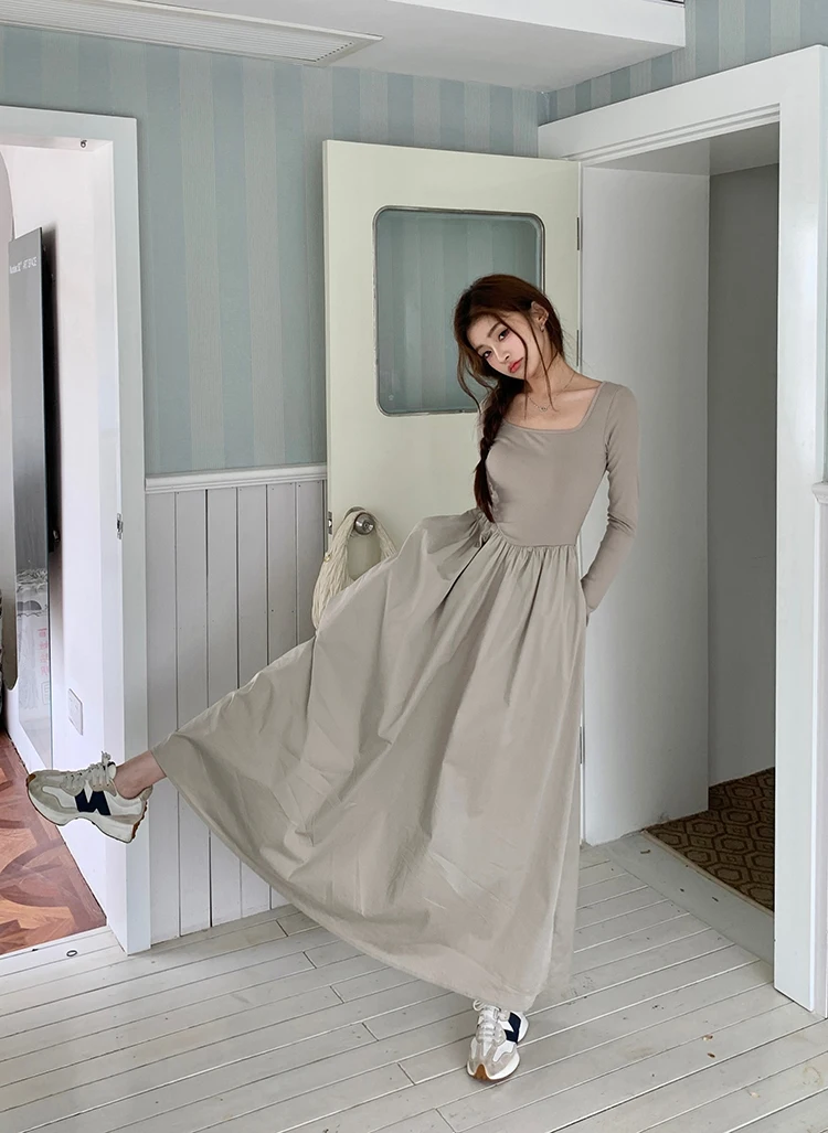 Casual Knitted Midi Dresses for Women Solid Long Sleeves Square Collar A-line Autumn New Elegant Dress Female Slim Vestidos