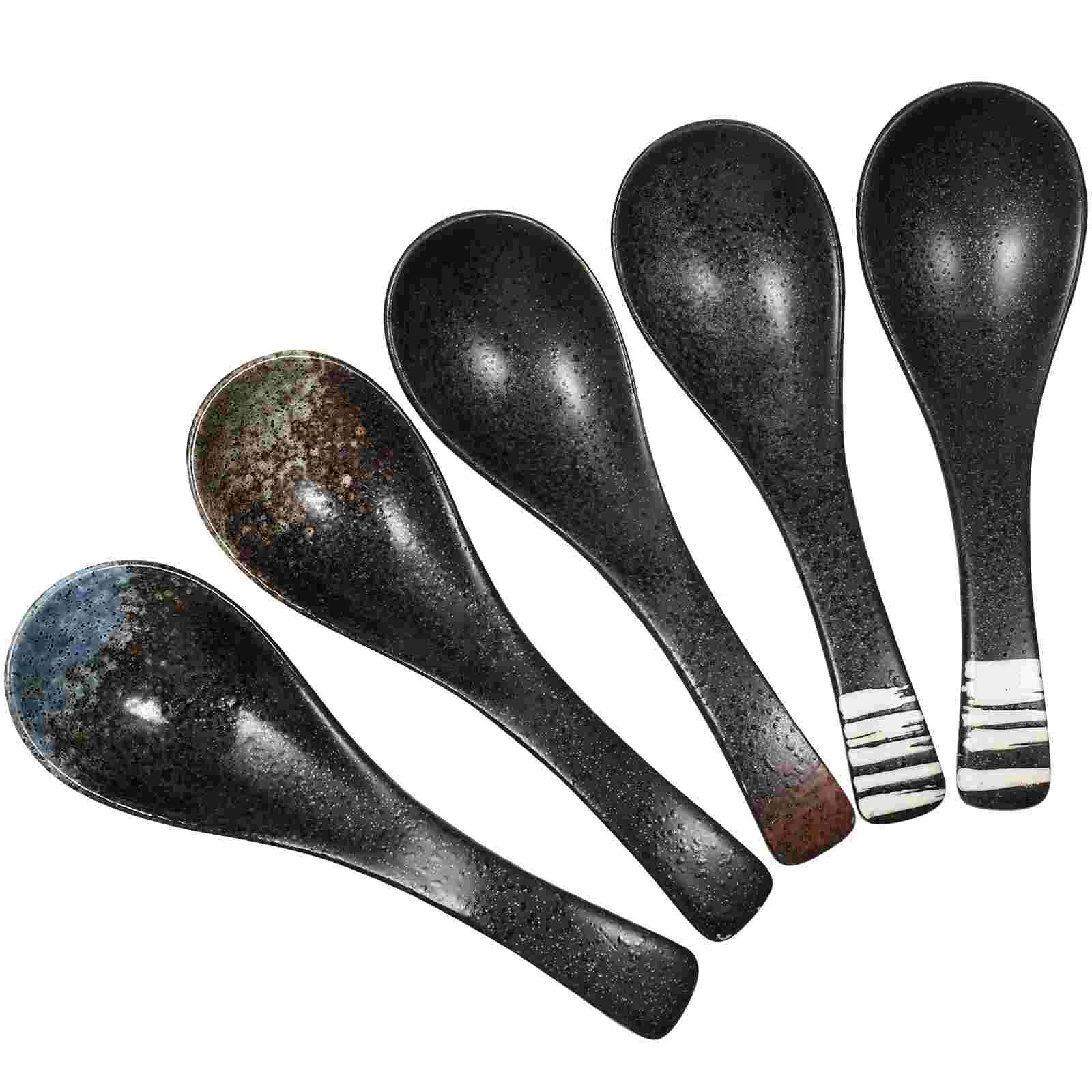 5pcs Japanese Ceramic Spoon Kitchen Tableware Soup Spoon Rice Porcelain Dining Utensil Cookware Bar Accessories