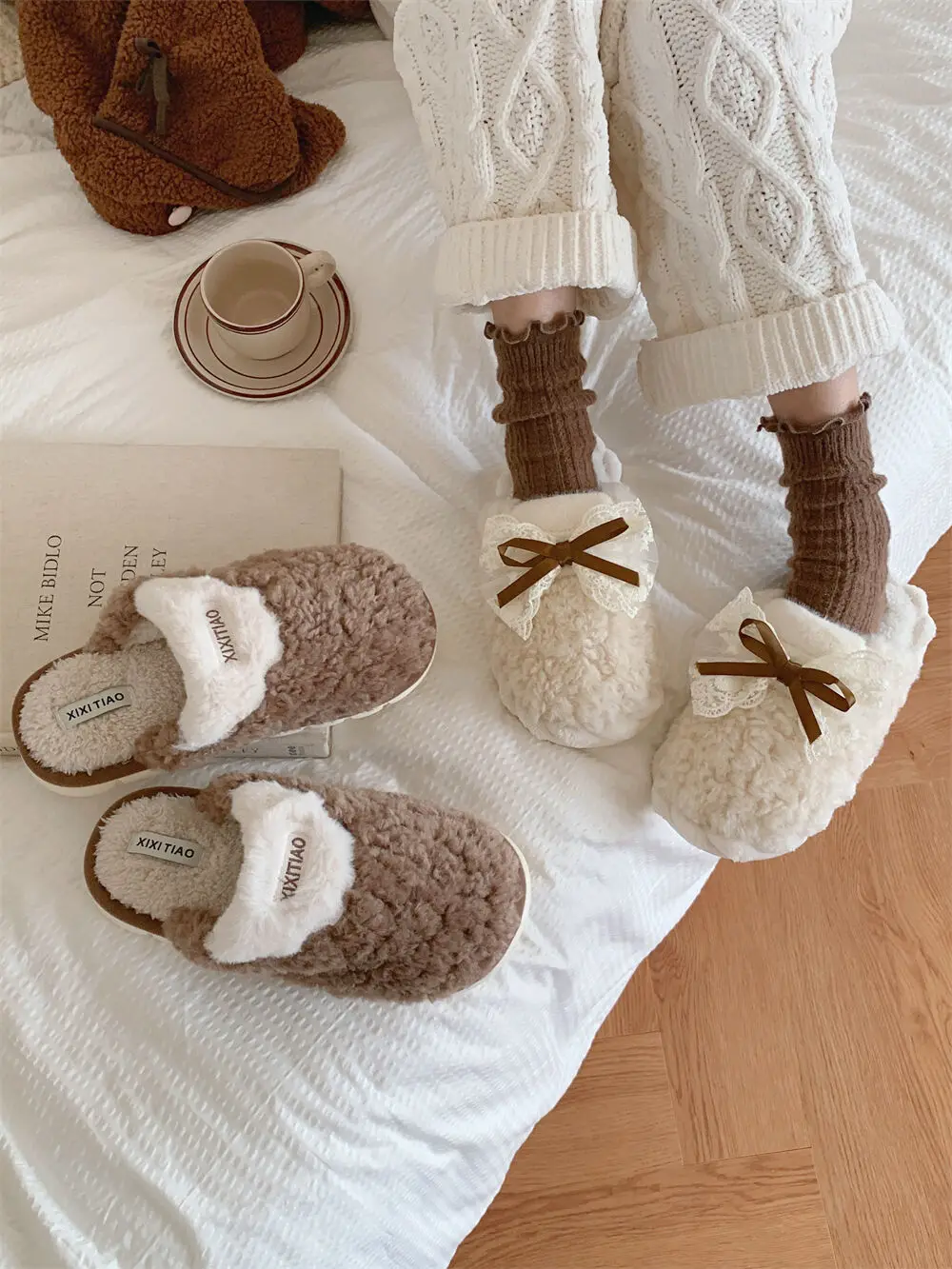 Women Cotton Home Slippers For Men's Winter 2023 Korean Color Matching Indoor Household Anti-skid And Warm Couple Plush Shoes