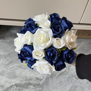 Fiori per Matrimonio, Bouquet da Sposa, Fiori di Seta, Rose Artificiali Blu Navy e Bianche, Accessori per Sposa e Damigelle