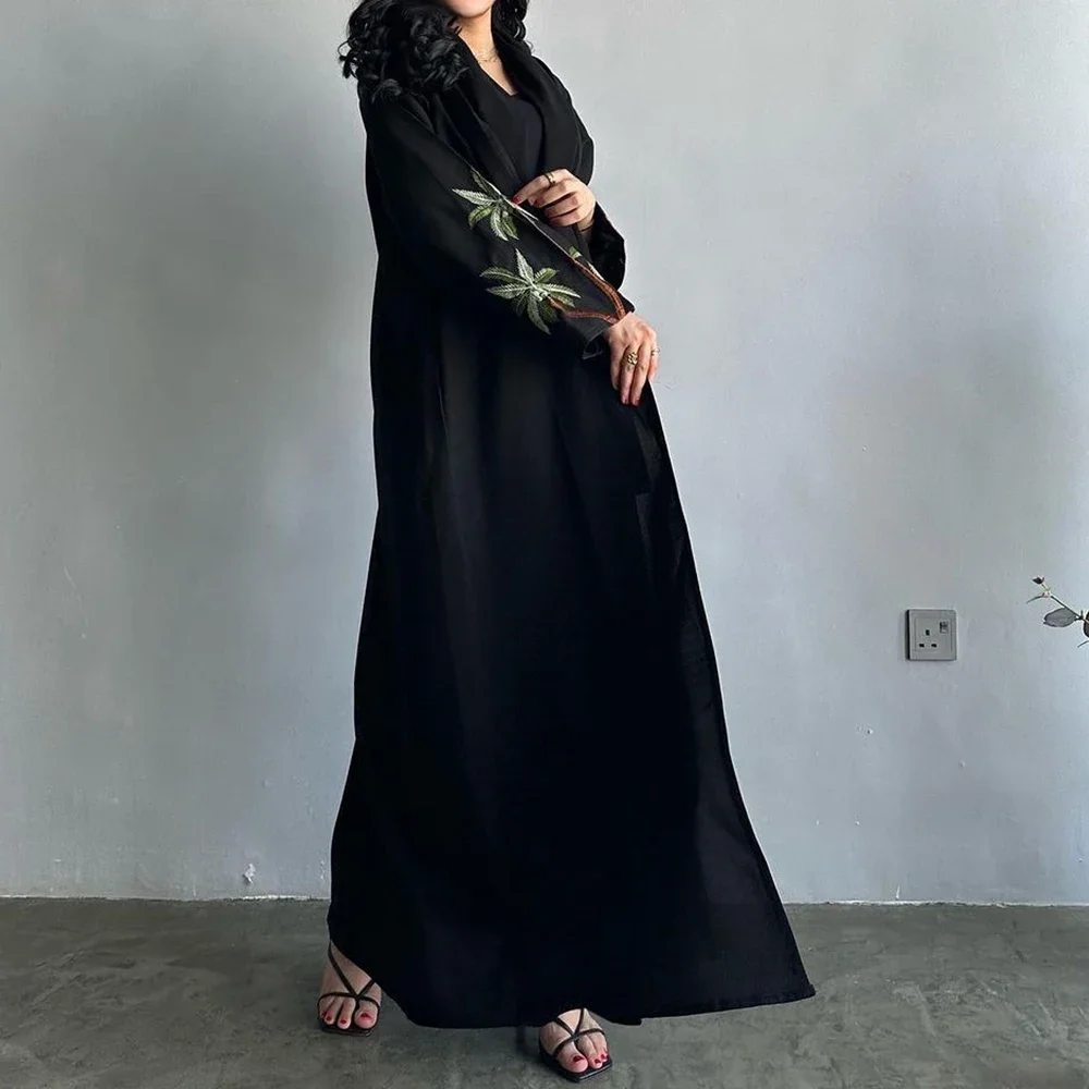 New 2024 Black Casual Open Kimono Robe Muslim Ramadan Eid Jarabiya Embroidered Long Sleeve African Moroccan Robe
