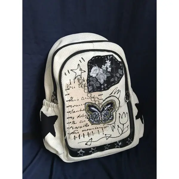 

Korean Flower Letter Butterfly Patchwork Design Backpacks Y2k Vintage Chain Punk Student Schoolbag Japanese Harajuku Women Bag