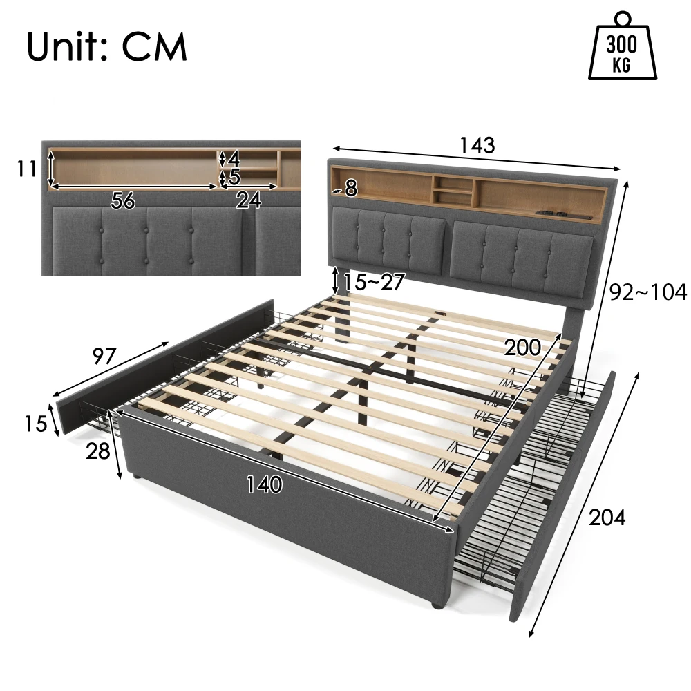 PINGGO Doppelbett mit 4 Schubladen & USB-C-Anschluss, Polsterbett 140x200cm, Höhenverstellbares Kopfteil, Holzlattenrost – Detail 7