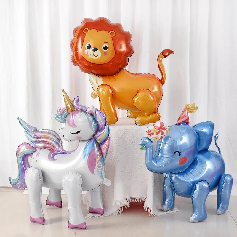 4D Standing Lion Unicorn Elephant Walking Animal Balloon Kids Jungle Safari Decorazioni Per Feste Di Compleanno Forniture Per Baby Shower