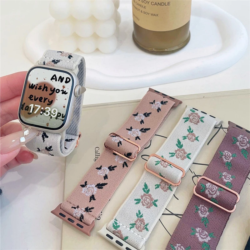 Korea Rose Flower Nylon Band For Apple Watch Series
