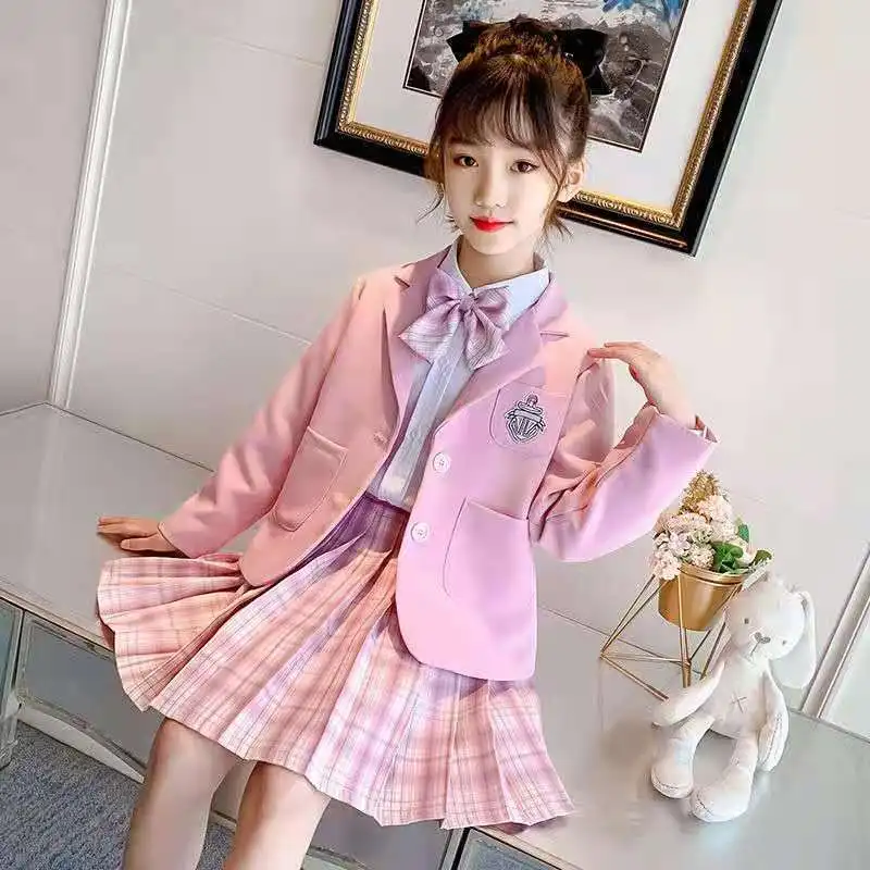 2pcs Girl's Varsity Jacket Outfit, Floral Sleeve Coat & Pleated Skirt Set, Preppy Style, Kid's Clothes for Spring Autumn,Temu