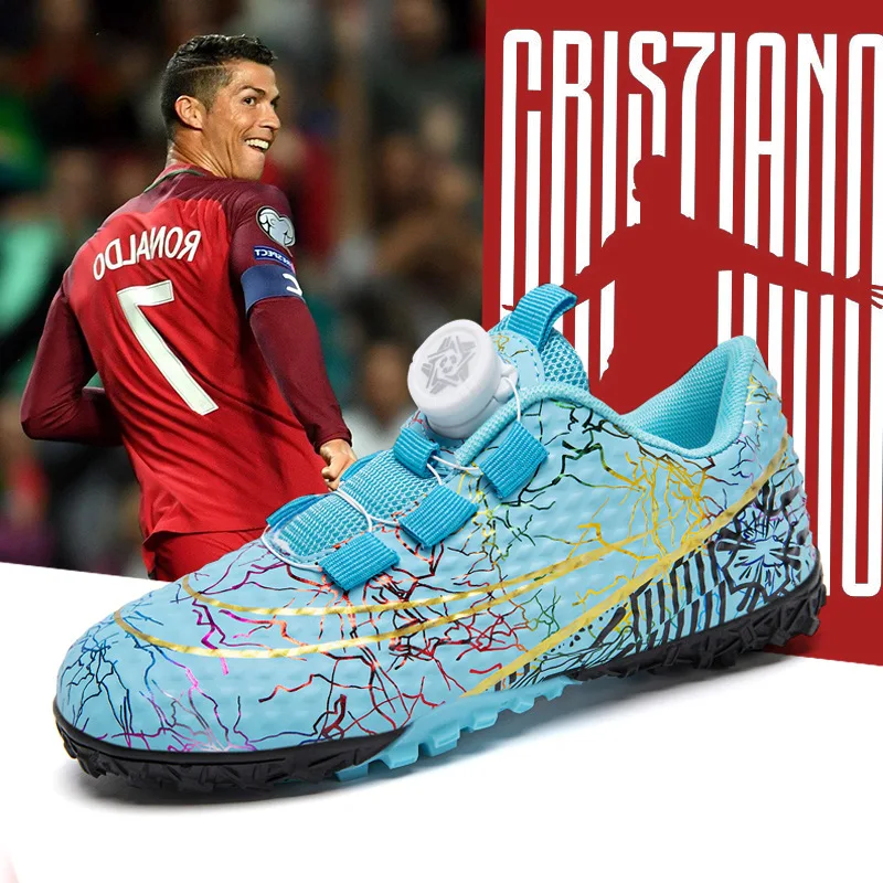 Children Football Shoes Rotary Buckle TF Ankle Boots Non Slip Boys And Girls Five a Side Kids Soccer Indoor Training Sneakers